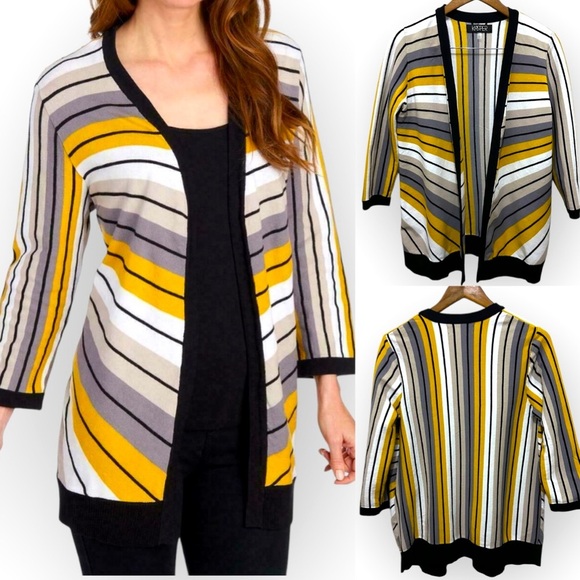 117 Kasper | NWOT $119 Striped Yellow White Kit Open-Front Cardigan (Size M) - Picture 1 of 11